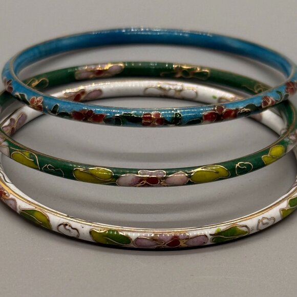 Vintage Cloisonne Bangle Bracelets - Floral Blue White Green (Set of 3) - Picture 4 of 5